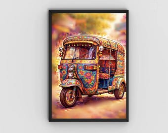 May include: A framed print of a colorful auto rickshaw, featuring intricate floral patterns in shades of blue, orange, and green. The vehicle has a decorative canopy and is set against a blurred, warm-toned background.