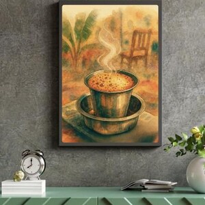 May include: Watercolor painting of a steaming cup of coffee in a metal filter, set in a metal bowl. The background shows a blurred outdoor scene with a chair and foliage. The artwork is framed and mounted on a gray wall.