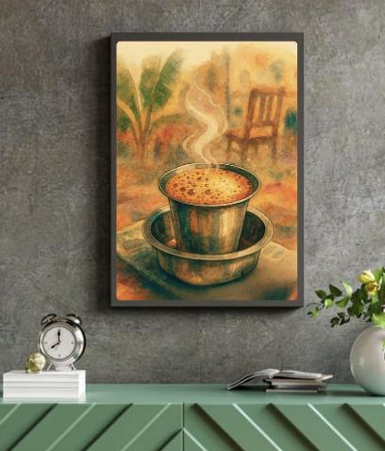 May include: Watercolor painting of a steaming cup of coffee in a metal filter, set in a metal bowl. The background shows a blurred outdoor scene with a chair and foliage. The artwork is framed and mounted on a gray wall.
