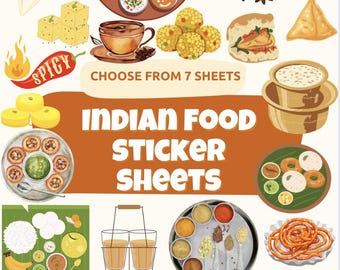 Linda hoja de pegatinas Desi, pegatinas de comida india, pegatinas indias, divertido y lindo regalo indio, dosa, jalebi, pav bhaji, chai, ¡más de 70 pegatinas!