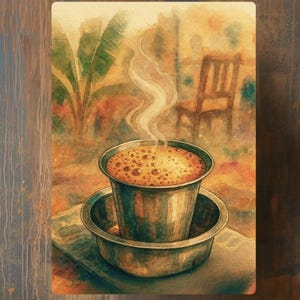 May include: Watercolor painting of a steaming cup of coffee in a metal cup and saucer. The coffee has a foamy top. The background shows a blurred outdoor scene with plants and a chair. The color palette is warm, with browns, oranges, and greens.