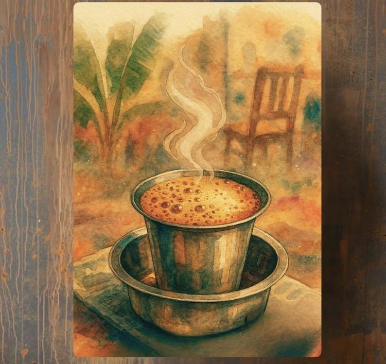 May include: Watercolor painting of a steaming cup of coffee in a metal cup and saucer. The coffee has a foamy top. The background shows a blurred outdoor scene with plants and a chair. The color palette is warm, with browns, oranges, and greens.
