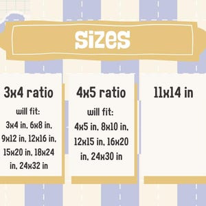 May include: A graphic displaying print sizes for artwork, including 2x3, 3x4, 4x5, 11x14 inch ratios, and ISO sizes. The text indicates the dimensions each ratio will fit, such as 2x3 inches, 4x6 inches, and 6x9 inches.