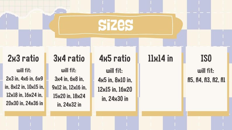 May include: A graphic displaying print sizes for artwork, including 2x3, 3x4, 4x5, 11x14 inch ratios, and ISO sizes. The text indicates the dimensions each ratio will fit, such as 2x3 inches, 4x6 inches, and 6x9 inches.
