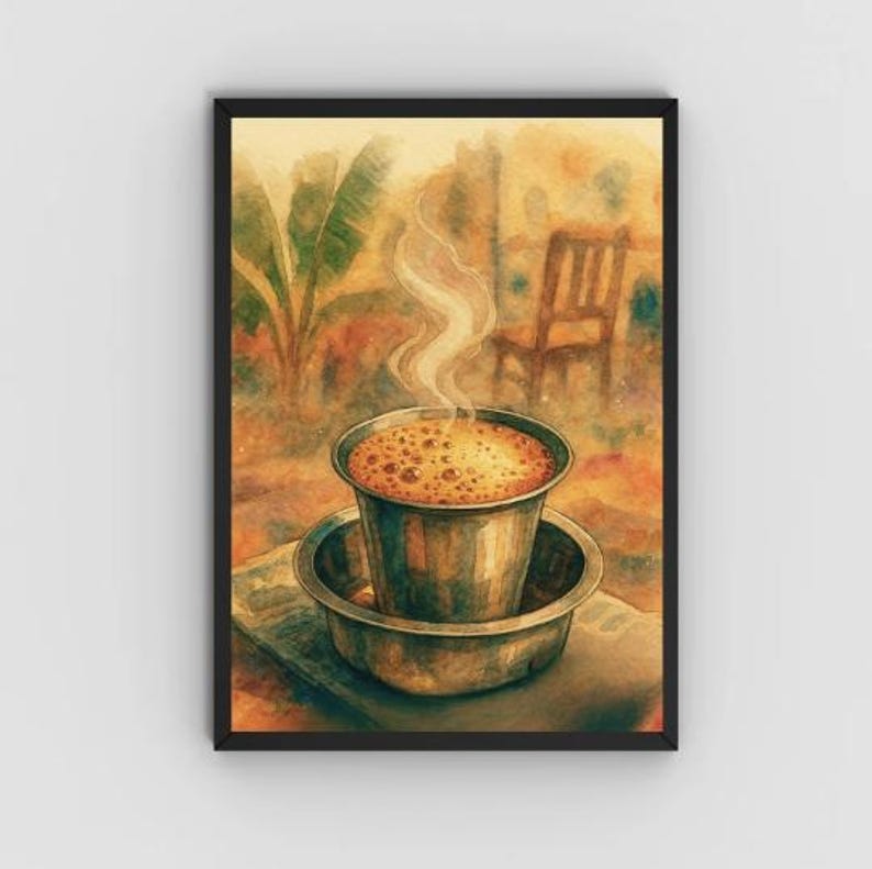 May include: Watercolor painting of a cup of coffee with steam rising, set in a metal cup and saucer. The background features a blurred outdoor scene with a chair and foliage, all in warm, earthy tones. The artwork is framed in a black border.