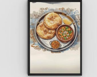 May include: Watercolor painting of a traditional Indian meal. The image features a silver platter with three golden-brown, puffy bread pieces, a small bowl of chickpeas, and a small dish of curry. A lemon wedge adds a pop of color.