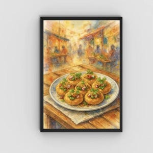 May include: A watercolour painting of pani puri, an Indian street food, on a plate. The dish features round, crispy shells filled with a savoury mixture and topped with fresh herbs. The background shows a busy market scene.