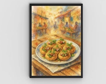 Può includere: Dipinto ad acquerello di un piatto di pani puri, cibo di strada indiano, su un tavolo di legno. Il piatto presenta gusci rotondi e croccanti ripieni di un ripieno saporito e conditi con erbe fresche. Lo sfondo raffigura una vivace scena di mercato.