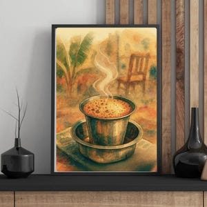 May include: A framed watercolor print of a cup of coffee with steam rising from it. The coffee cup sits inside a metal bowl. The background features a chair and foliage, with warm tones of orange, yellow, and brown.