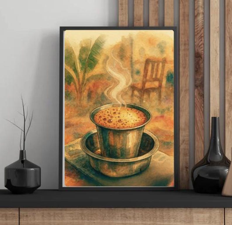 May include: A framed watercolor print of a cup of coffee with steam rising from it. The coffee cup sits inside a metal bowl. The background features a chair and foliage, with warm tones of orange, yellow, and brown.