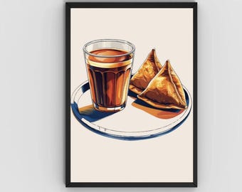 May include: Illustration of a glass of tea and two samosas on a white plate with a blue rim. The tea is a dark brown color, and the samosas are golden brown. The plate is set against a cream-colored background.