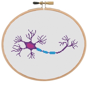 May include: A cross-stitch embroidery of a neuron, displayed in a wooden hoop. The neuron is rendered in purple, pink, and blue thread against a white background. The design depicts the cell body, dendrites, and axon of the neuron.