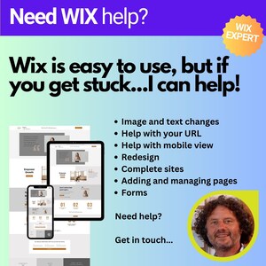 May include: A Wix expert offers help with website design and development. The image shows a website mockup on a tablet and phone, along with a list of services offered, including image and text changes, URL help, mobile view optimization, redesign, complete site creation, page management, and form creation. The text "Need help? Get in touch..." is also included.