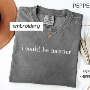 May include: A gray t-shirt with the phrase "i could be meaner" in white lettering. The shirt has a crew neck and short sleeves. A silver necklace with a pendant is on the shirt. The word "embroidery" is in a white box.