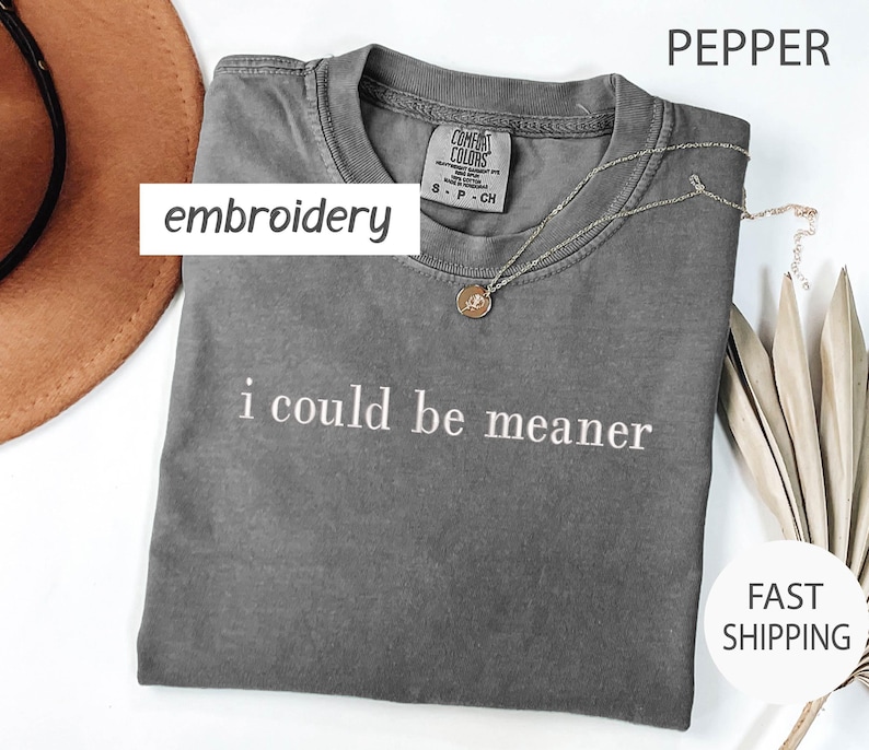 May include: A gray t-shirt with the phrase "i could be meaner" in white lettering. The shirt has a crew neck and short sleeves. A silver necklace with a pendant is on the shirt. The word "embroidery" is in a white box.