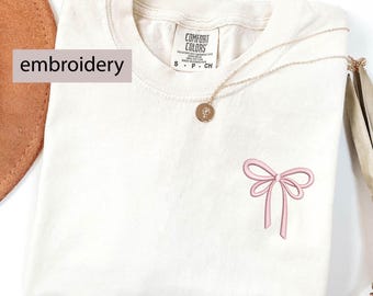 Embroidered Comfort Colors® Pink Coquette Shirt, Pink Bow Shirts, Minimalist Cute Ribbon Pocket TShirt, Girly Girl Aesthetic Gift for Her