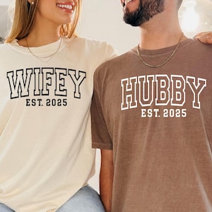 Comfort Colors® Custom Wifey and Hubby Shirt, Matching Couple Shirt , Wedding Party Shirt, Custom Wife and Hubs Shirts, Just Married Shirt