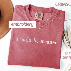 May include: Crimson-colored t-shirt with the phrase "i could be meaner" embroidered in white. The shirt has a crew neck and a small tag. A gold necklace with a pendant is draped across the shirt.