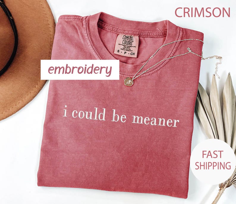 May include: Crimson-colored t-shirt with the phrase "i could be meaner" embroidered in white. The shirt has a crew neck and a small tag. A gold necklace with a pendant is draped across the shirt.