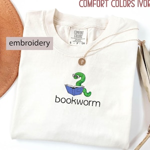 Comfort Colors® Bookworm Embroidered T-Shirt – Gift for Book Lovers, Bookish Gifts , Teacher Gift , Reading Embroidered Shirt , Bookworm Tee