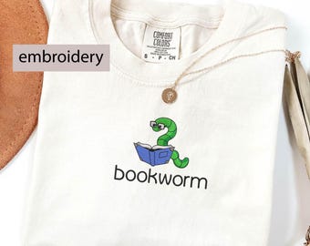 Comfort Colors® Bookworm Embroidered T-Shirt – Gift for Book Lovers, Bookish Gifts , Teacher Gift , Reading Embroidered Shirt , Bookworm Tee