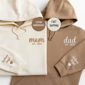 Embroidered Dad and Mama With Kids Names On Sleeve Sweatshirt and Hoodie, Dad and Mom Matching Gift