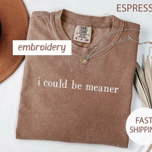 May include: Espresso-colored t-shirt with the phrase "i could be meaner" in white. The shirt has a crew neck and a small tag. A silver necklace with a pendant is draped across the shirt. The word "embroidery" is in a white box.