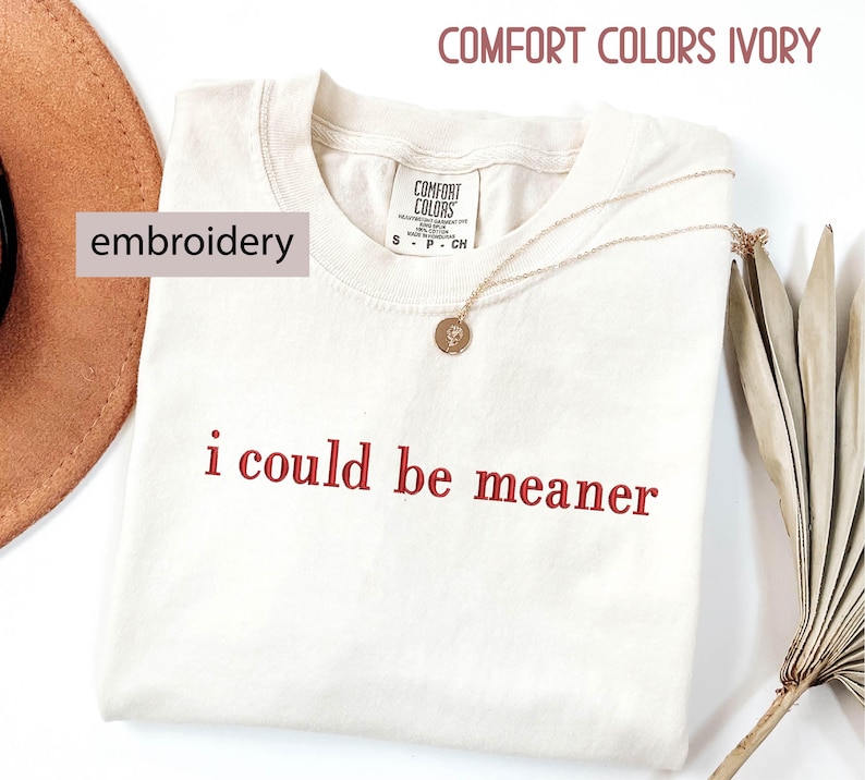 May include: Ivory-colored t-shirt with the embroidered phrase "i could be meaner" in red. The shirt is from Comfort Colors and has a gold necklace draped across it. A brown hat and dried plant are in the background.