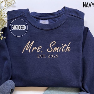 Custom Mrs Sweatshirt, Embroidered Future Mrs Name Sweater Bride to Be Gift for Bridal Shower Engagement Gift Mrs Last Name Honeymoon Hoodie