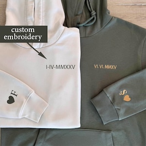 Wedding Date Embroidered Sweatshirts,Anniversary Hoodie with Initials on Sleeve, Roman Numeral Hoodie,  Valentines Anniversary Gift For Him