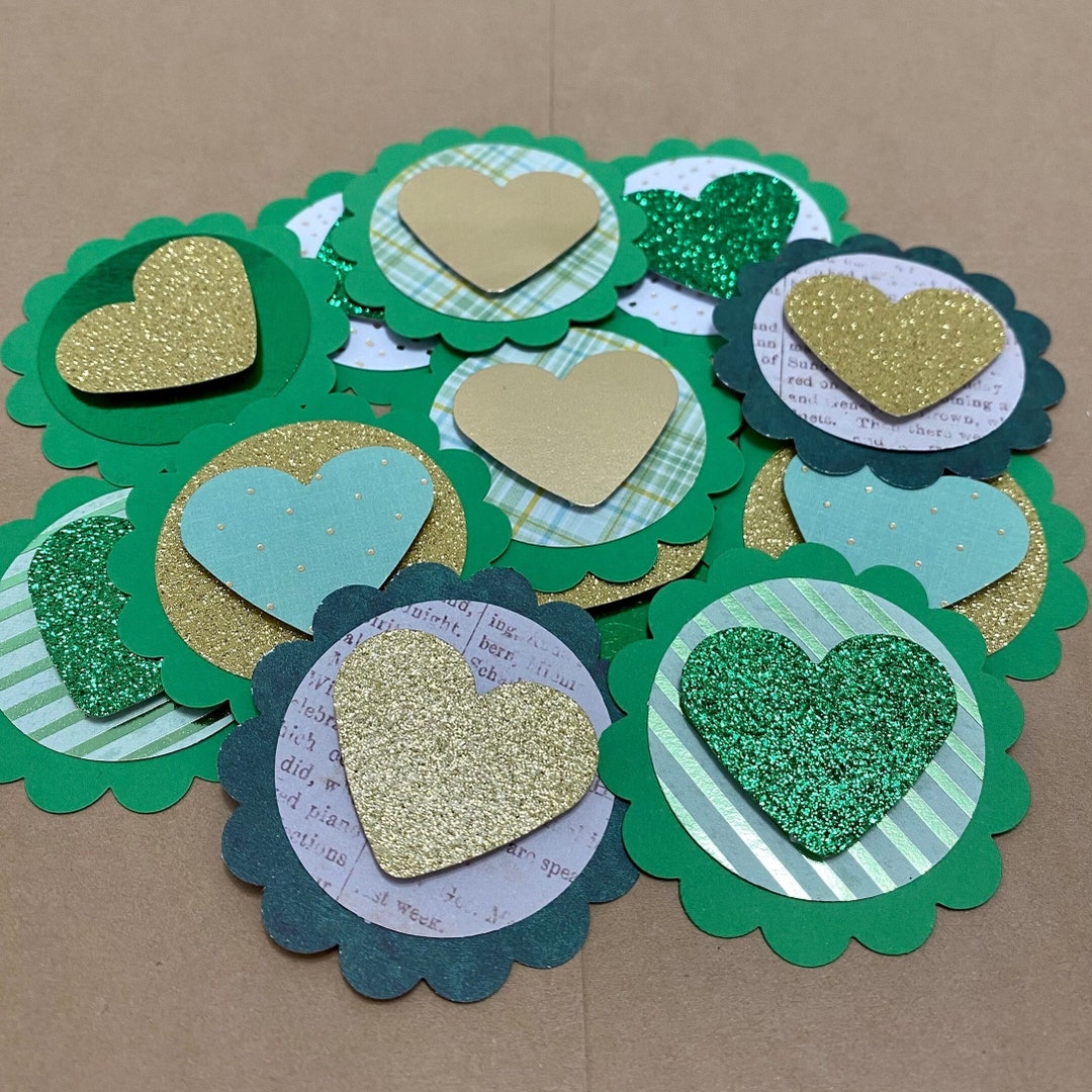 12 Handmade Green / Gold Glitter Paper Flower Heart - Etsy