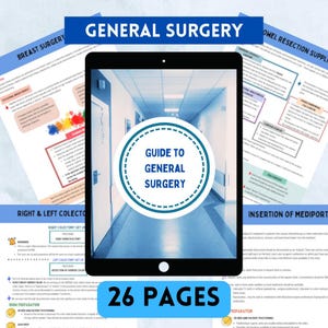 Puede incluir: Una guía de cirugía general con 26 páginas de información. La portada presenta un pasillo de hospital azul y blanco con un círculo azul que contiene el texto "Guía de cirugía general".