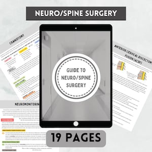 May include: A black tablet displays a guide to neuro/spine surgery, with the title in a circular design. The image includes the text "Neuro/Spine Surgery" and "19 Pages". Additional documents with medical information are visible.