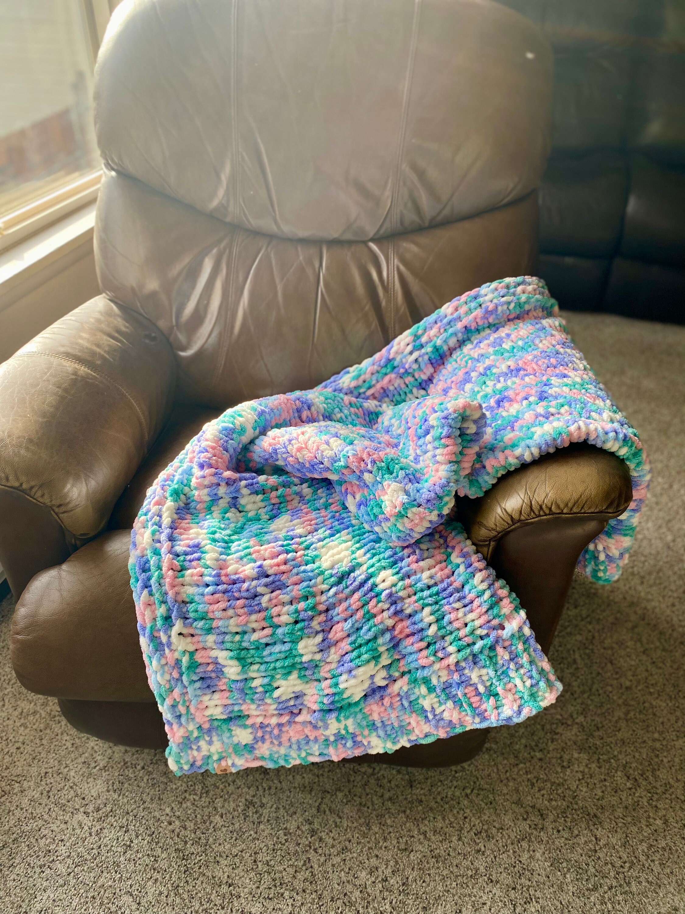 Handmade Cozy Chunky Knit Afghan Throw Blanket Cotton Candy Pink Blue Multi Hand Knitted Etsy