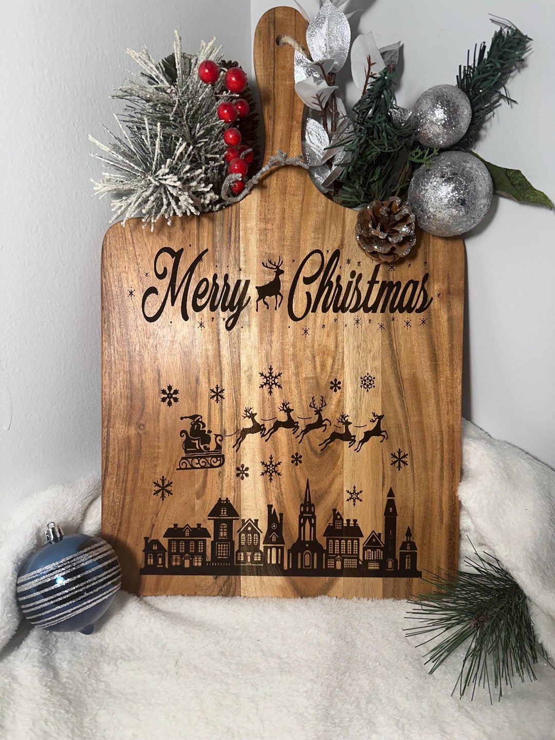 Handcrafted Merry Christmas Cutting Board – Santa Sleigh & Village ...