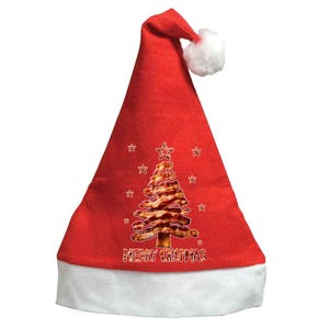 May include: Red Santa hat with white trim and a white pom-pom. The hat features a Christmas tree made of bacon and the text "MERRY CRISP-MAS".