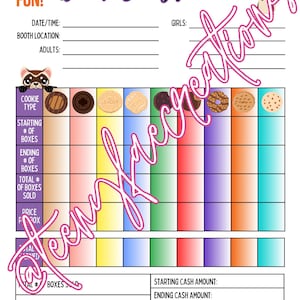 Puede incluir: Un rastreador de ventas de puestos de galletas colorido con una ilustración de un hurón de dibujos animados. El rastreador incluye secciones para la fecha, la hora, la ubicación del puesto y el tipo de galleta, con espacios para registrar los recuentos de cajas y las ventas.