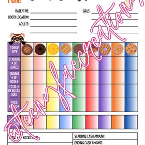 Peut inclure: Une feuille imprimable "Booth Sales Tracker" avec un design coloré. Le haut de la feuille porte l'inscription "Booth Sales Tracker" et les mots "Brave. Fierce. Fun!". La feuille comprend des sections pour le suivi des ventes de cookies.
