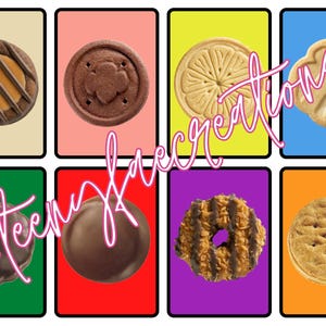 Peut inclure: Huit biscuits différents, chacun sur un fond de couleur distinct. Les biscuits varient en forme, taille et design, incluant des variétés enrobées de chocolat, fourrées et sablées. L'image comprend le texte "teenyfaecreations".