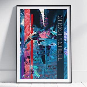 May include: Framed art print featuring a dynamic illustration from "Ghost in the Shell." The artwork showcases a character in a futuristic setting, with vibrant colors and vertical stripes. The title "Ghost in the Shell" is displayed vertically on the right side.