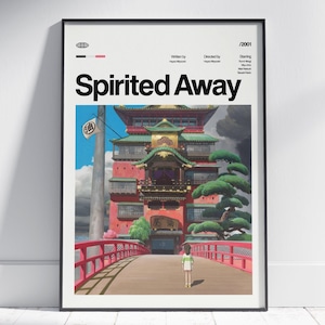 Może przedstawiać: Oprawiony plakat z filmu animowanego "Spirited Away". Plakat przedstawia tytuł filmu nad kolorową ilustracją budynku z czerwonym mostem i postacią, kt&oacute;ra wchodzi na niego. Widoczny jest r&oacute;wnież rok 2001.