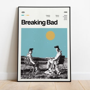 May include: A minimalist poster with a blue and yellow color scheme featuring two figures wearing gas masks and sitting in chairs in a desert landscape. The poster has the title "Breaking Bad" in black text.