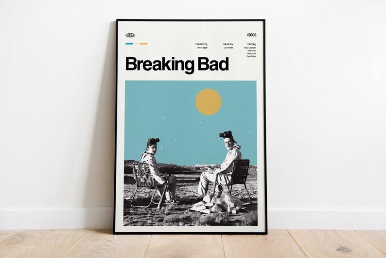 May include: A minimalist poster with a blue and yellow color scheme featuring two figures wearing gas masks and sitting in chairs in a desert landscape. The poster has the title "Breaking Bad" in black text.