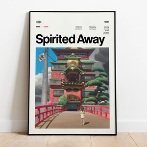 Może przedstawiać: Oprawiony plakat z filmu animowanego "Spirited Away". Grafika przedstawia żywą scenę z czerwonym mostem, szczeg&oacute;łowym budynkiem i postacią zmierzającą w jego kierunku. Plakat zawiera tytuł i napisy filmu.