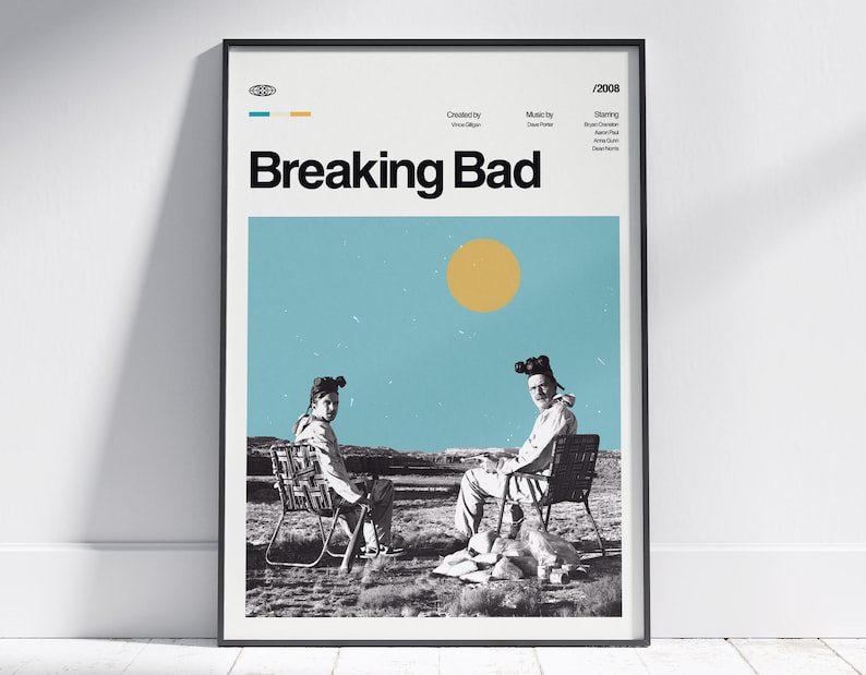 May include: A minimalist poster design for the TV show "Breaking Bad" featuring a blue sky with a yellow sun, two figures wearing gas masks sitting in chairs in a desert landscape, and the show's title in black text.