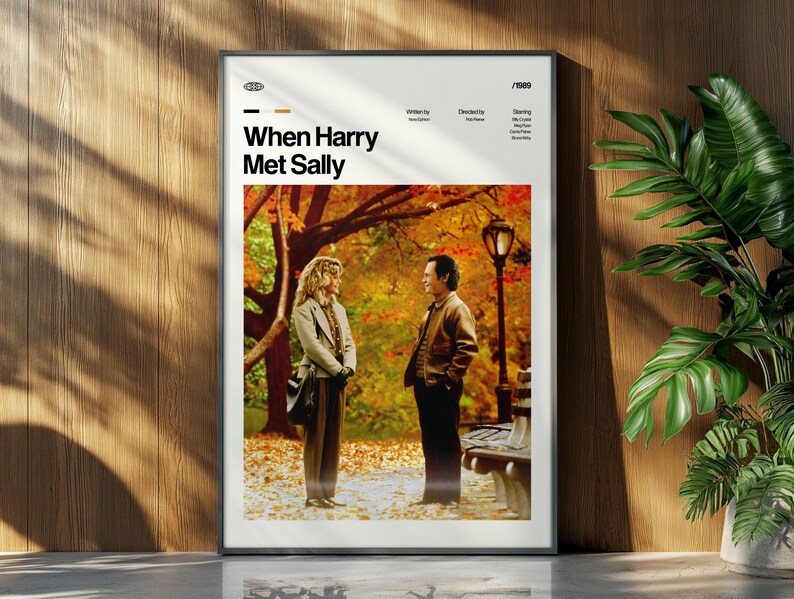 May include: A framed movie poster for "When Harry Met Sally" with a photo of the two main characters in a park setting. The poster has a white border and is displayed against a wooden wall with a plant.