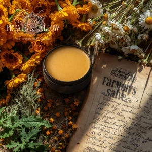 May include: A round, black tin of salve with a golden-yellow balm, surrounded by orange and white flowers, and greenery. The text "Cindy's Petals & Tallow" is visible. A vintage paper with the text "Farmer's Salve" is also present.