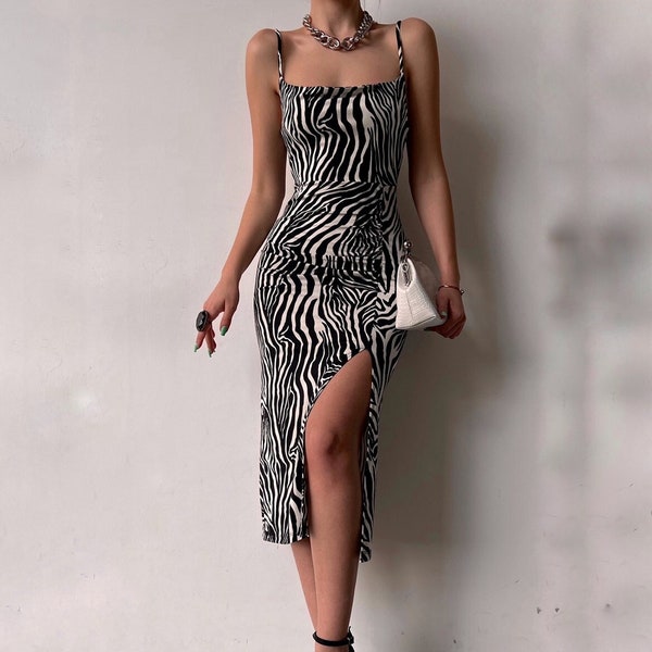 ZEBRA PRINT SLIP Dress, Slip Dress, Sheer Maxi Dress, Beach Dress, Semi Sheer Dress, Cowl Necklace Dress, Animal Print Dress, Zebra Stripe