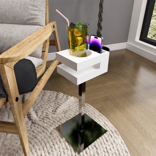 Slim Side Table With Cup Holder Etsy