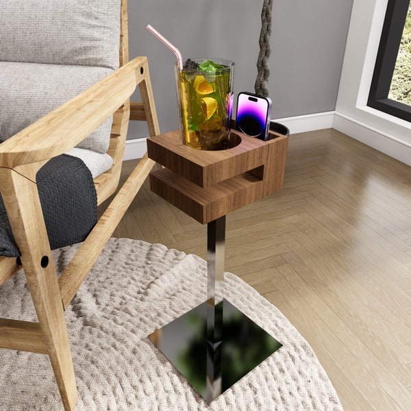 Slim Side Table With Cup Holder Etsy